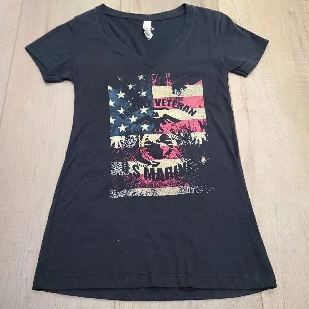 Female Marine Veteran Black V-Neck Tee